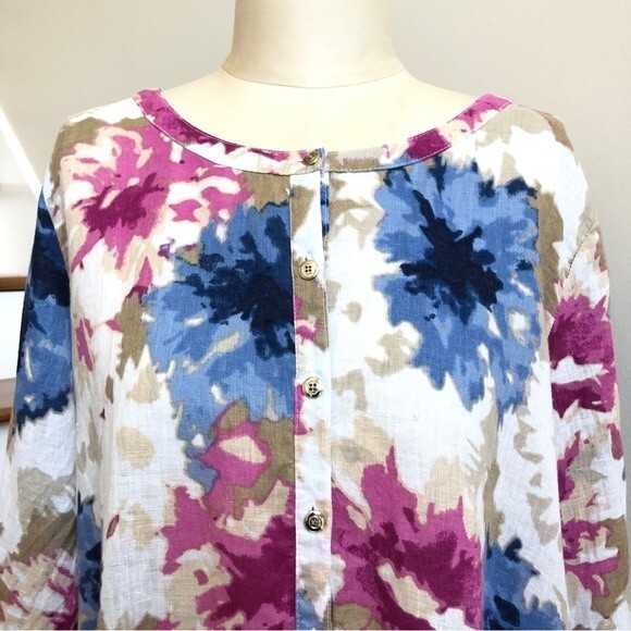 JM Collection Blouse Womens 14 Purple Blue Linen Watercolor Floral Asymmetrical - Picture 2 of 12